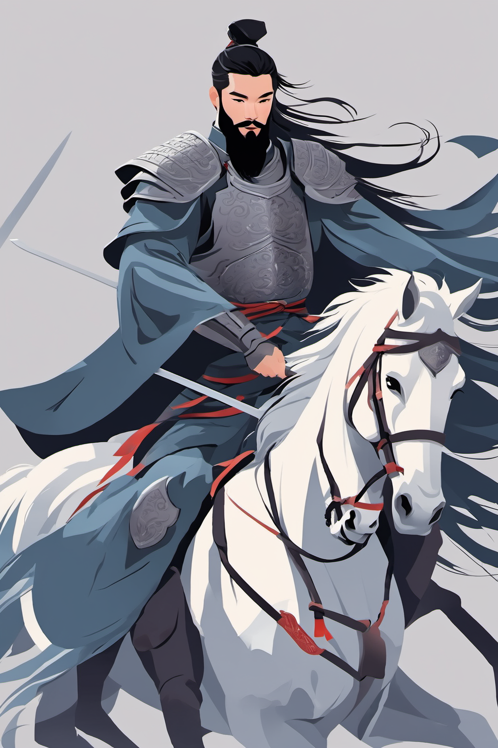 minimalism,1man , beard,  hand some, coolï¼upper body, close up,  chinese armor, holding sword, riding horse, horse armor<lora:minimalism:0.9>