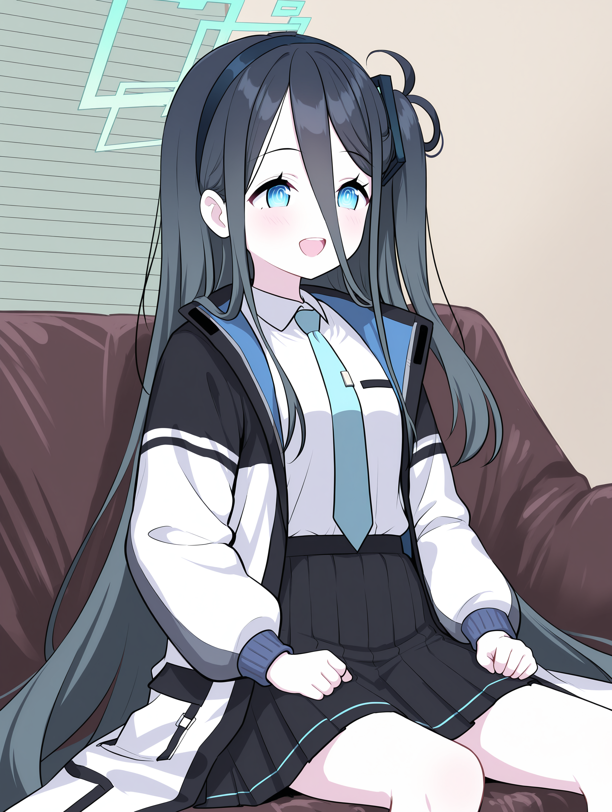 1girl,solo,aris \(blue archive\),blue archive,white jacket,open jacket,necktie,white shirt,black skirt,senpai's interview,sitting,cowboy shot,on couch,indoors,masterpiece,best quality,amazing quality,<lora:senpai_interview_ilxl:1>,