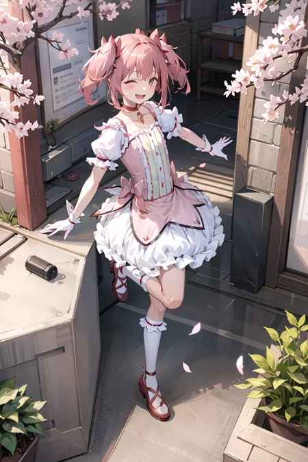 sunshine, windy, cherry blossoms, cherry blossom garden, aesthetic, intricate, sharp focus, best quality, extremely detailed,1girl, solo, from above, BREAK Madoka Kaname, (detailed shiny_anime_style_eyes), flat chest, extremely detailed textures, laughing, (running in a cherry blossom garden), casual pose, posing <lora:MadokaKaname:1>