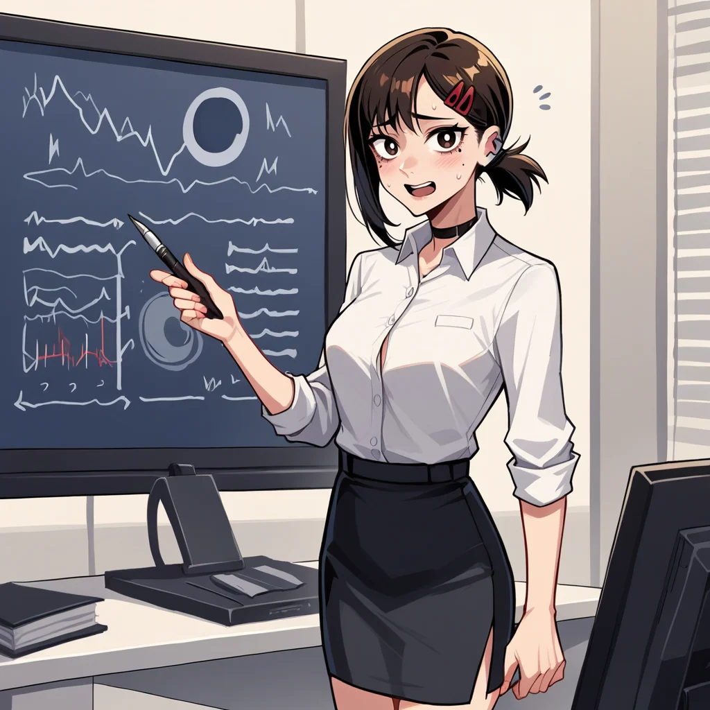 score_9, score_8_up, score_7_up, score_6_up, score_5_up, score_4_up, zPDXL2,source_anime,rating_questionable, 1girl, solo, standing, looking at viewer,  office interior, office lady, white button shirt, black pencil skirt, higashiyama kobeni       ,<lora:Presentation:0.7> pr3s3nt4tion, office wear, projector screen