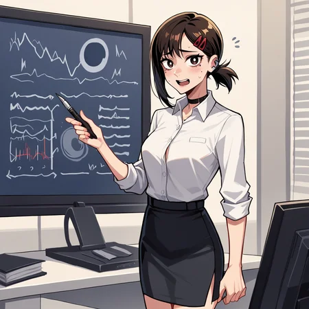 score_9, score_8_up, score_7_up, score_6_up, score_5_up, score_4_up, zPDXL2,source_anime,rating_questionable, 1girl, solo, standing, looking at viewer,  office interior, office lady, white button shirt, black pencil skirt, higashiyama kobeni       ,<lora:Presentation:0.7> pr3s3nt4tion, office wear, projector screen