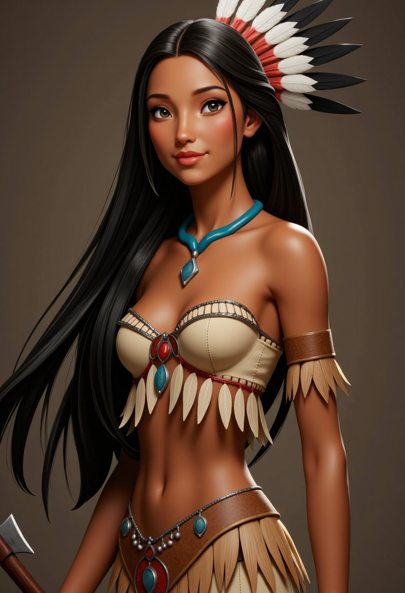 Pocahontas in Indian attire, head decorated with feathers of a forked bird, tomahawk axe in hand
