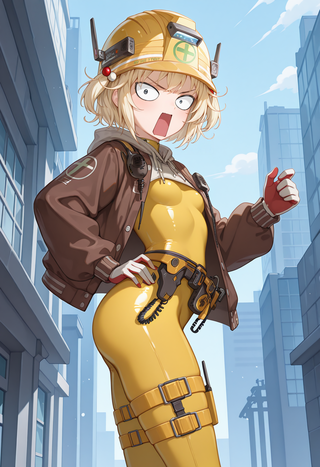 highres, best quality, masterpiece, outdoors, science fiction, 
1girl, solo, nkliter, blonde hair, short hair, two side up,
literdef, yellow helmet, hair bobbles, yellow bodysuit, skin tight, brown jacket, drawstring, open jacket, hood, hood down, walkie-talkie, holster, utility belt, belt, two-tone gloves, thigh strap, 
literangy, constricted pupils, black pupils, parody, angry, open mouth, looking at viewer, 
standing, hand on own hip, from side,
<lora:_liter_nikke-elesico-ilxl1b-000009:1.2>