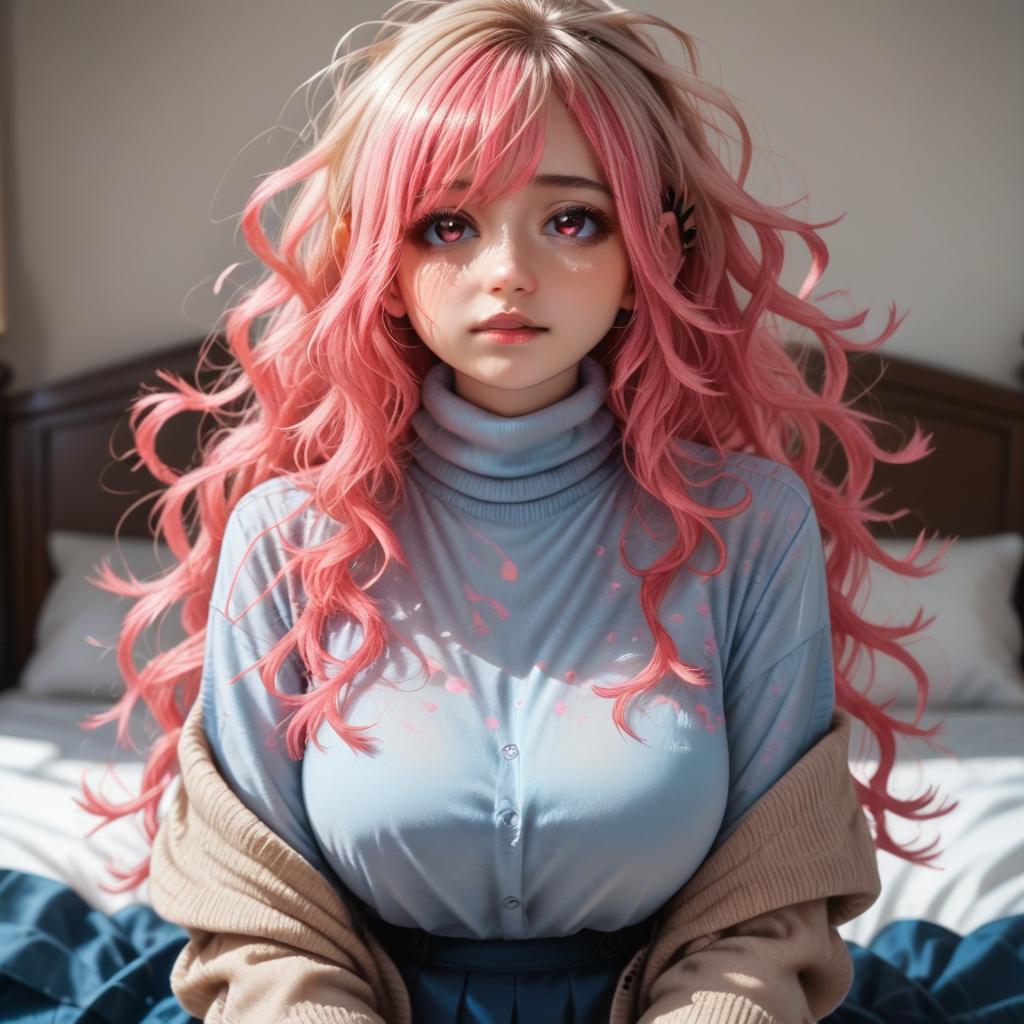 score_9_up, score_8_up, score_7_up, (masterpiece), (best quality), (ultra-detailed), (very aesthetic:1.2), intricate details, perfect composition, absurdres, romantic atmosphere, 
1girl, solo, <lora:KyoukoPONY:1>, kyouko,pink hair,multicolored hair,long hair,wavy hair,messy hair,bangs,pink eyes,
dress shirt,open cardigan,brown cardigan,pleated skirt,blue skirt,grey turtleneck,undershirt,
fantasy inn, bedroom, arm support, sitting,
<lora:43stl1ght1ngXLP2:0.5>, 43stl1ght1ng, <lora:Expressive_H-000001:0.8>, expressiveh, <lora:d3t41l3dXLP:0.5>, d3t41l3d, <lora:add-detail-xl:1>, zPDXLrl