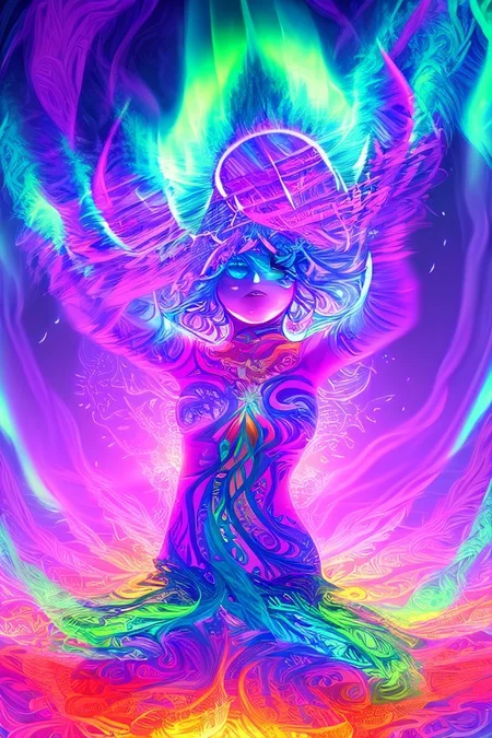 Ice girl dances in the snow, beats a tambourine. Arctic, The night sky with the aurora borealis (An image with very contrasting and vivid psychedelic colors) (OverallDetail, DaSa, psychedelic)
