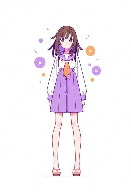 Flatline, Flat vector illustration, looking at viewer, full_body,
nadeko, long hair, long bangs, brown hair, school_uniform, sailor,
slim, slender, knees, long legs, beautiful legs, barefoot, geta wooden sandals,
from front, front view, straight-on, look at viewer, standing, (legs apart:1.4),
white background,