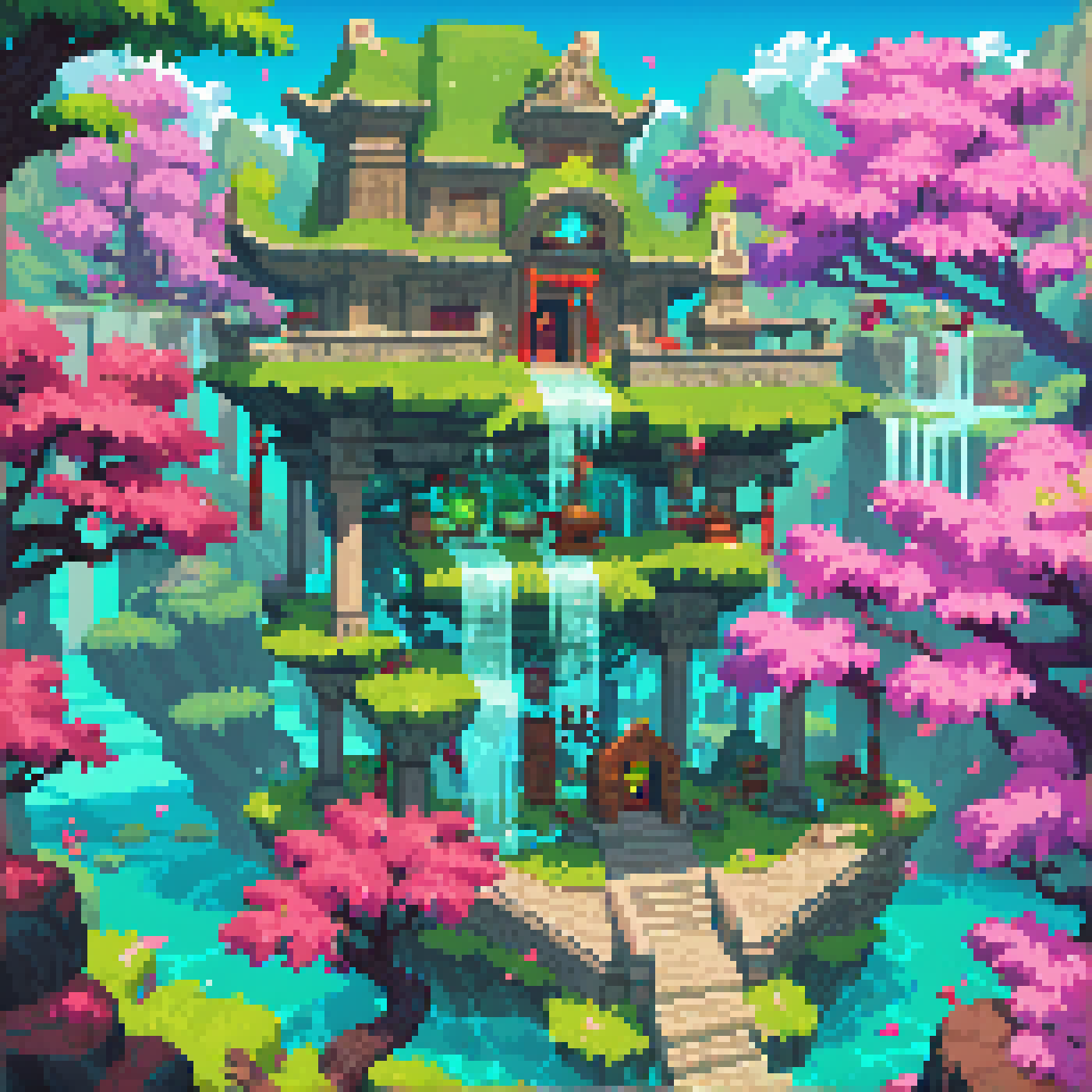 score_9, score_8_up, score_7_up, PDXL,  <lora:TestV1:1>, pixel art, hyperlight, hyper light drifter, floating islands, cherry trees, mayan temple, glowing runes