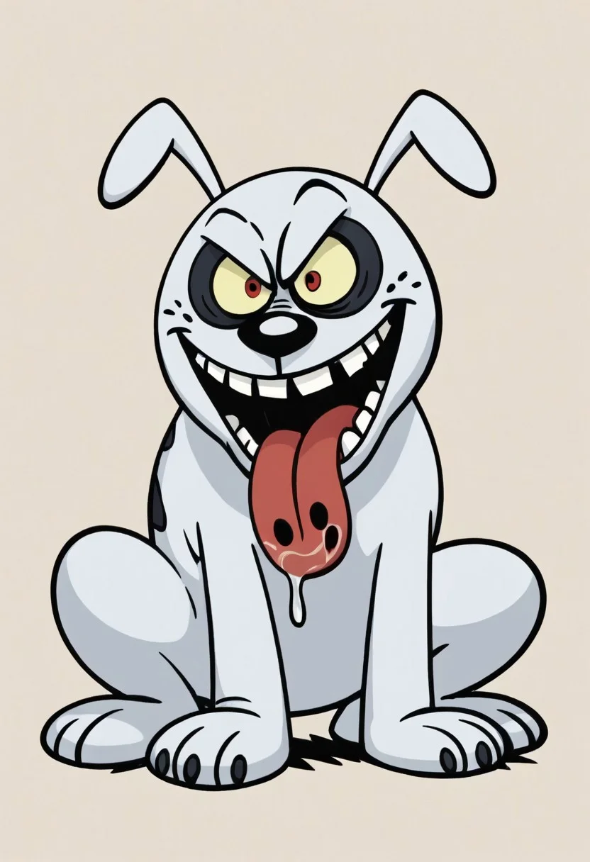 (score_9 | score_8_up | score_7_up) ((masterpiece:1))(best quality,very high quality,ultra detailed:1.2) (2D,cartoon style,anime style)(Smooth:2)(clean blurring) (four fingers on each hand,one thumb on each hand:1), solo, charles, dog, black spot on left eye, white, paw, dog paws, runaway brain, monstrous look, angry face, exagerated features, intense eyes, aggressie expression, hunched, menacing, sharp teeth, full body, tongue, salivia, hunched over, all fours,