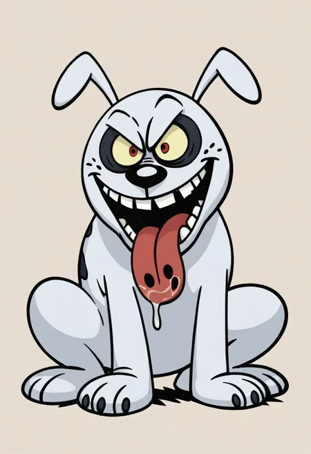 (score_9 | score_8_up | score_7_up) ((masterpiece:1))(best quality,very high quality,ultra detailed:1.2) (2D,cartoon style,anime style)(Smooth:2)(clean blurring) (four fingers on each hand,one thumb on each hand:1), solo, charles, dog, black spot on left eye, white, paw, dog paws, runaway brain, monstrous look, angry face, exagerated features, intense eyes, aggressie expression, hunched, menacing, sharp teeth, full body, tongue, salivia, hunched over, all fours,