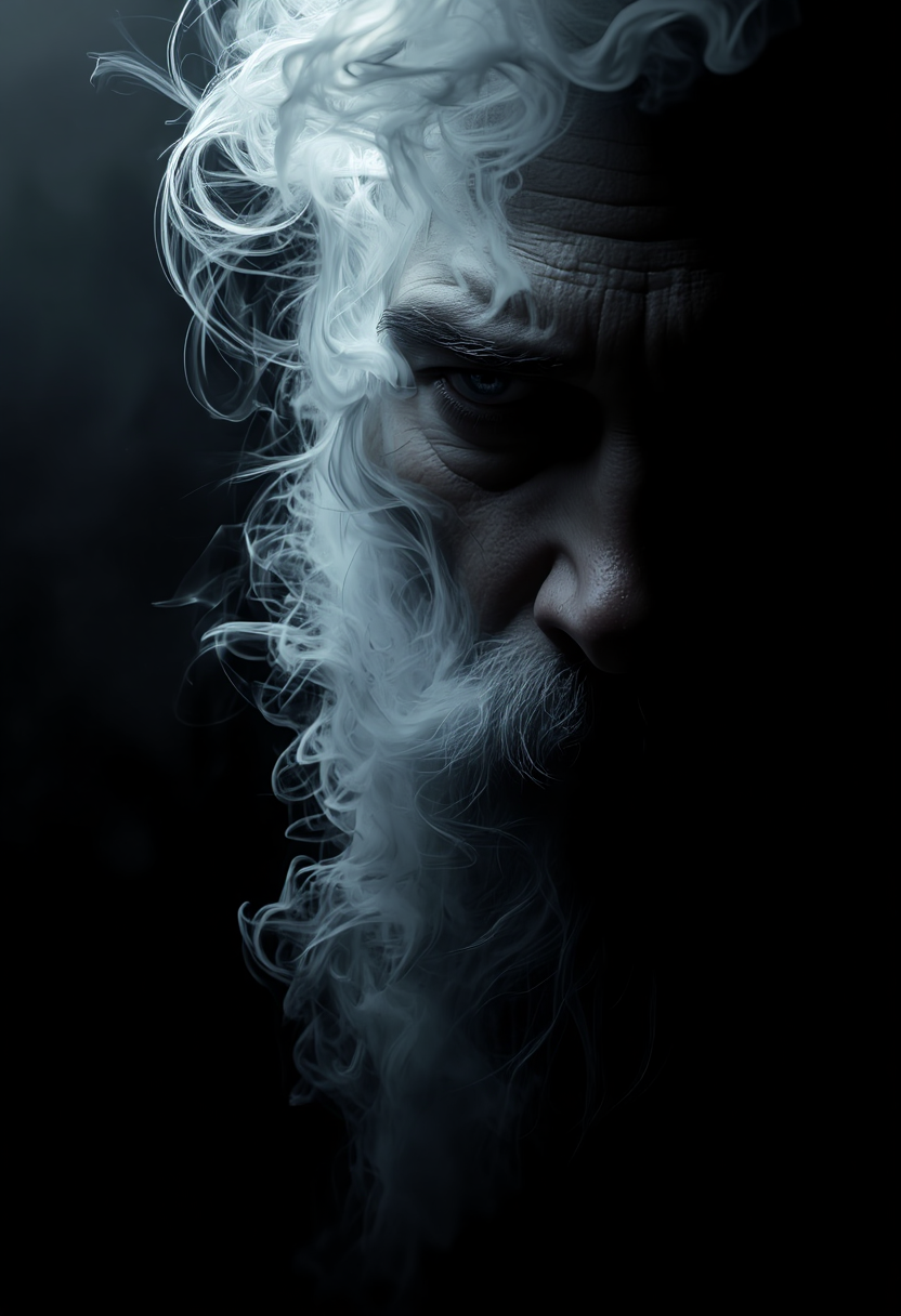 a dipiction of a santa claus, (disintegrating and dissolving into fog and smoke:1.75), (blending form with the black background:1.75). Framed in thick volumetric fog. diffused light, delicatly, whispering, eye catching masterpiece artwork. drifting fog, cracked light and scattering smoke in a dreamlike reality.