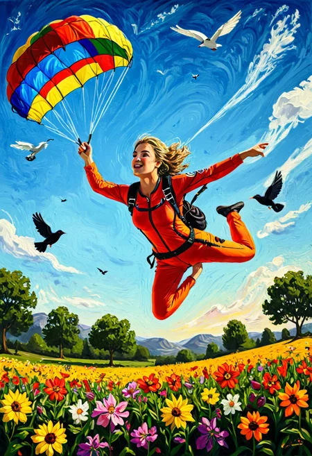The outline of a female skydiver. giant parachute. clear sky. sun. breathtaking landscape. flow. trees. birds. flowers. colorful, detailed face,
best quality, ultra-detailed, very aesthetic, illustration, perfect composition, intricate details, absurd, atmospheric lighting, streaks of light
Masterpiece, vibrant colors, very detailed, midjourneyv6.1, detail background, perfect, perfection, perfection style, realistic photo, Shine colorful, surr, oil painting