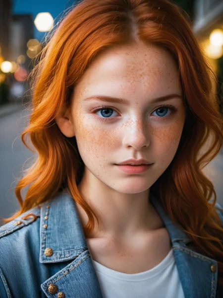 score_9, score_8_up, score_8, 1girl, 25 years old, long wavy ginger hair, with freckles, close-up portrait, a gorgeous young woman, with long flowing hair, elegant, white T-shirt, denim jacket, walking in a street of Paris at night, vintage colors, focus on her perfect beautiful face and make up, at midnight, photorealistic, bokeh, field of view, highly detailed, dramatic lighting, canon 5D Mark IV, photography, in frame <lora:Pony_DetailV2.0:1> <lora:pony_better freckles:1.2>