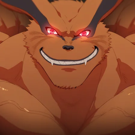 score_9, score_8_up, score_7_up BREAK Kurama, nine tailed fox, kyuubi, 1boy, solo, growing, muscular male, large veiny muscles, large pectorals, red eyes, looking at viewer, teeth, smile, grin, glowing eyes
