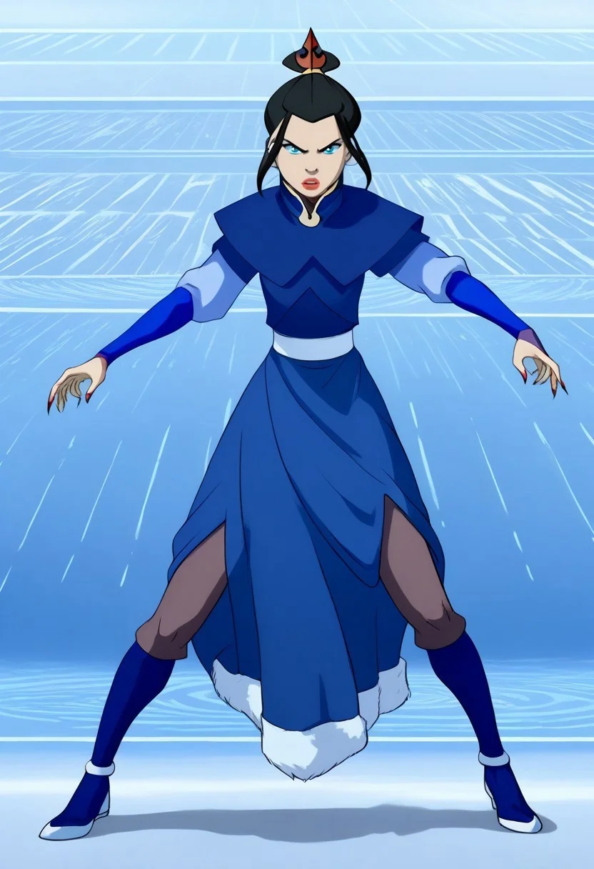 score_9, score_7_up, hd, (ultra hd quality details), source_anime, masterpiece, best quality, detailed, amazing quality, ice background, 1woman, solo, perfect face, detailed eyes,
(azula1, 1girl, solo, black hair, single hair bun, lips, lipstick, short hair, sidelocks, blue eyes, pale skin, blue dress, black legwear, boots, blue clothing)
icebending, ice shards come from her hands, action pose, dynamic,
BREAK