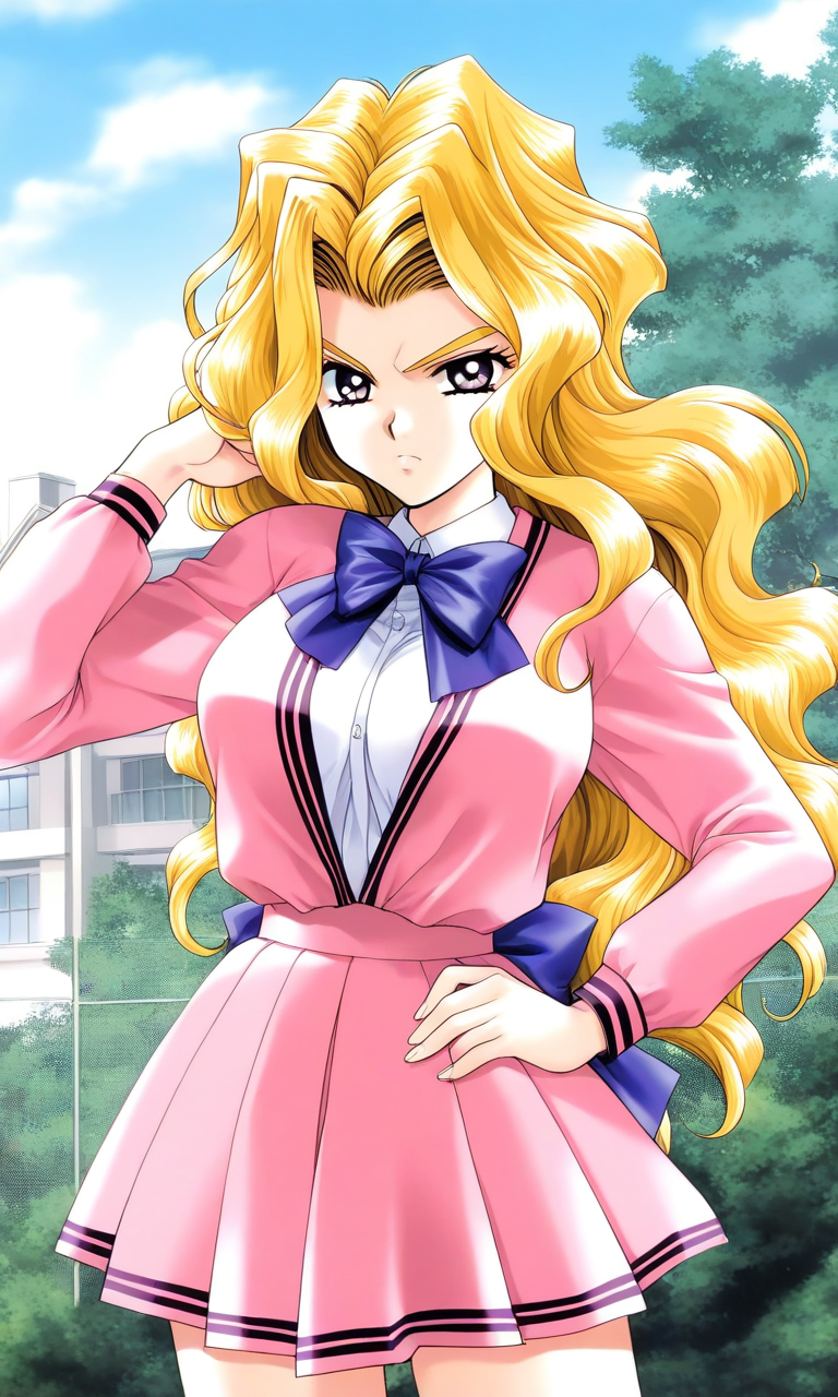 general,highres, ultra-detailed,very aesthetic,best quality ,best hands, BREAK <lora:Shindou_Reiko_kakyuusei_Ver2.0_IS:1>
Shindou_Reiko(kakyuusei), 1girl, solo, blonde hair, long hair, purple eyes, large breasts, wavy hair, 
serious, 
pink skirt, school uniform, long sleeves, pink jacket,
sky, outdoor, hand on hip, looking at viewer,
cowboy shot,  pleated skirt,