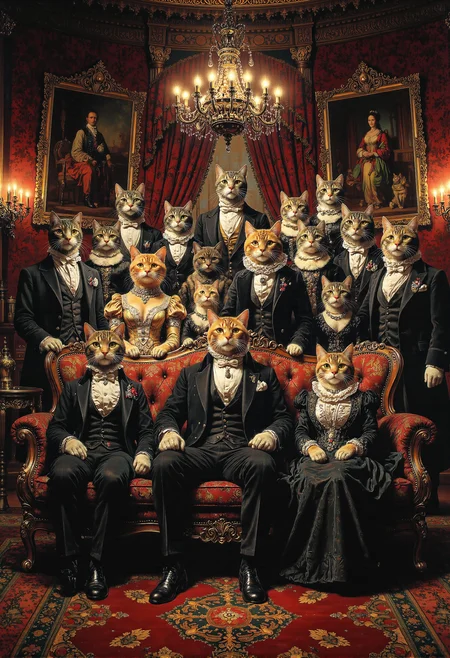 In an opulent Victorian parlor, illuminated by the warm, golden glow of ornate chandeliers, a large family of distinguished cats gathers for a grand portrait. At the center, a grand vintage settee holds several elegantly dressed feline figures, adorned in tailored 19th-century attire with intricate lace collars, brooches, and miniature top hats. Surrounding them, even more family membersâtall, proud cats in flowing coats and elaborate accessoriesâstand behind the sofa, forming a regal backdrop of uncles, aunts, and cousins. The room is rich with detail: carved wooden paneling, heavy velvet drapes, and oil paintings lining the walls, each adding depth and history to the scene. The composition exudes timeless sophistication and whimsical charm, capturing the essence of a sprawling, aristocratic feline lineage. <lora:aidmaMJ6.1-FLUX-V0.1.safetensors:1.0>, <lora:frazetta_flux_v2-000150.safetensors:0.7>, <lora:Luminous_Shadowscape-000016.safetensors:0.2>,
