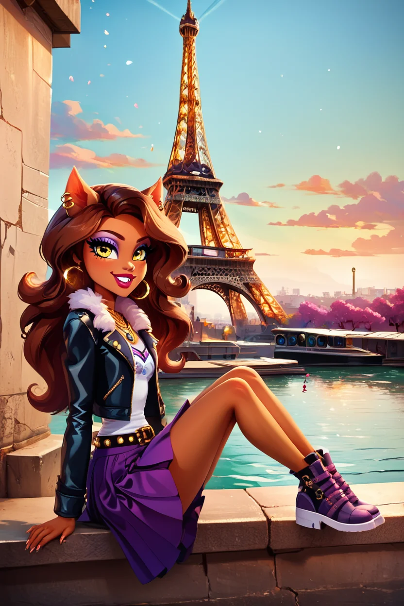 score_9, score_8_up, score_8, medium breasts, (curvy), cute, eyelashes, BREAK, , zzClawdeen, long hair, brown hair, dark skin, animal ears, yellow eyes, jewelry, earrings, makeup, lipstick, eyeshadow, jacket, skirt, belt, necklace, <lora:Clawdeen_MH_PDXL:0.8>, , BREAK, zzEiffelTower in background, sitting, watercraft, boat, sitting on wall, side view, looking at viewer, smile, ,,, BREAK, blooming stars, luminescent petals, otherworldly fragrance blurry background, ,,, embedding:zPDXL, Expressiveh, ,,, <lora:EiffelTowerPDXL:1.0>, <lora:CatalystStylePDXL:0.6>, <lora:SDXLFaeTastic2400:0.5>, <lora:Expressive_H-000001:0.4>,