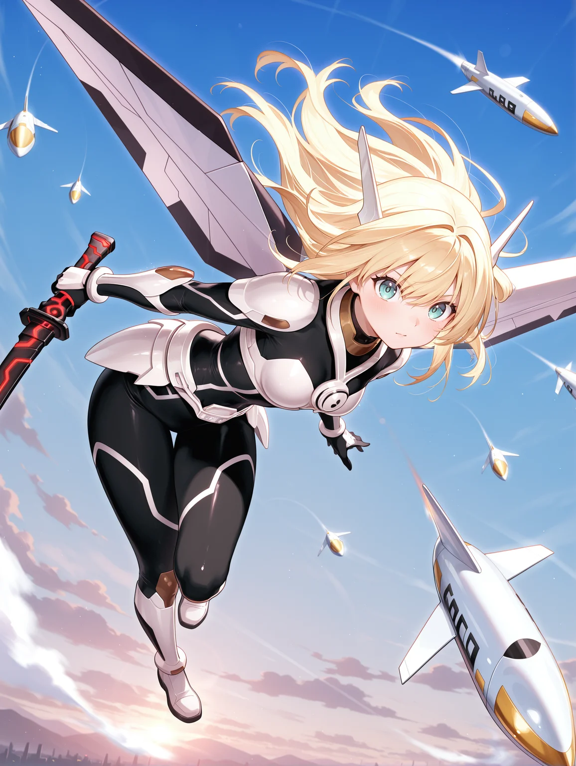 sky striker ace - raye, battle bodysuit, black katana, holding black katana, 1girl, solo, white mechanical wings, floating hair, blue sky, white headgear, white breastplate, black bodysuit, white armored gloves, white armored skirt, white armored boots, flying, midair, white missile, looking at viewer,
masterpiece,best quality,amazing quality,very aesthetic,absurdres,newest,<lora:Sky striker ace - Raye illusXL v1:0.75>,