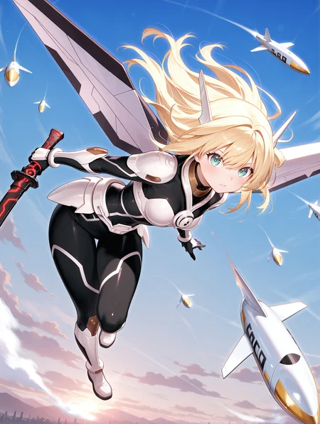 sky striker ace - raye, battle bodysuit, black katana, holding black katana, 1girl, solo, white mechanical wings, floating hair, blue sky, white headgear, white breastplate, black bodysuit, white armored gloves, white armored skirt, white armored boots, flying, midair, white missile, looking at viewer,
masterpiece,best quality,amazing quality,very aesthetic,absurdres,newest,<lora:Sky striker ace - Raye illusXL v1:0.75>,