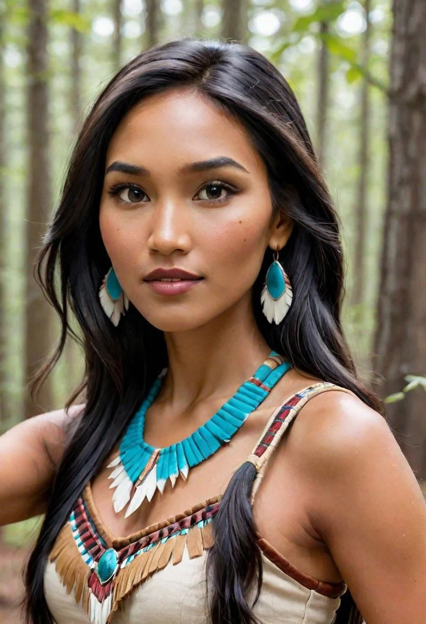 Ultra Realistic, side view, portrait, Pocahontas, taking selfie