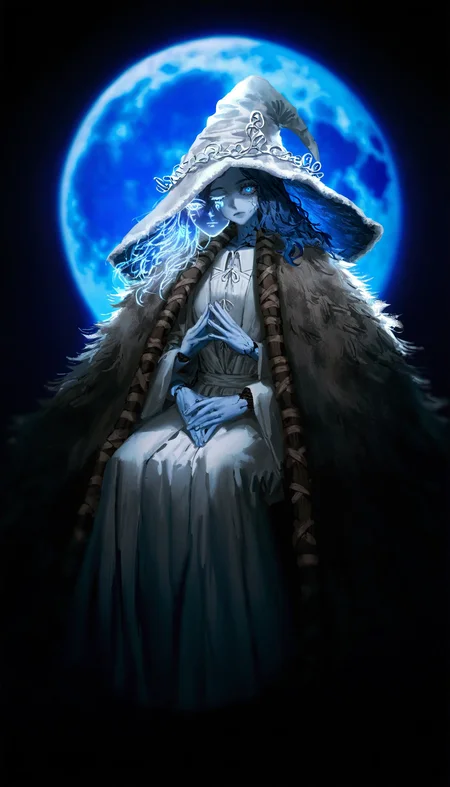 masterpiece,best quality,artist:john_kafka,artist:nixeu,artist:quasarcake, ,gritty,
ranni the witch，
1girl, blue hair, blue skin, blue theme, cloak, closed mouth, colored skin, cracked skin, dress, extra arms, extra faces, forehead, full moon, fur cloak, glowing, grey dress, grey hat, hat, long hair, long sleeves, looking at viewer, moon, one eye closed, own hands together, parted bangs, sitting, solo, steepled fingers, wide sleeves, witch hat