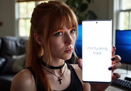 sony_a7III professional style photo, artificial indoor heavy light, low light condition, underexposed face, face slightly shadowed, daytime. young woman, early 20s, easter european, fair skin, reddish-brown hair pulled back, side-swept bangs covering part of the forehead, dark eyeliner, orange eyeshadow, natural lip color, She also has a black choker and a black cross necklace. Her expression is neutral. room with furnitures and desk with computer and monitor and window. holding Samsung note10 with bright illuminated display to viewer, display showing text "I'm fucking tired". She has black nailpolish and rings on some fingers