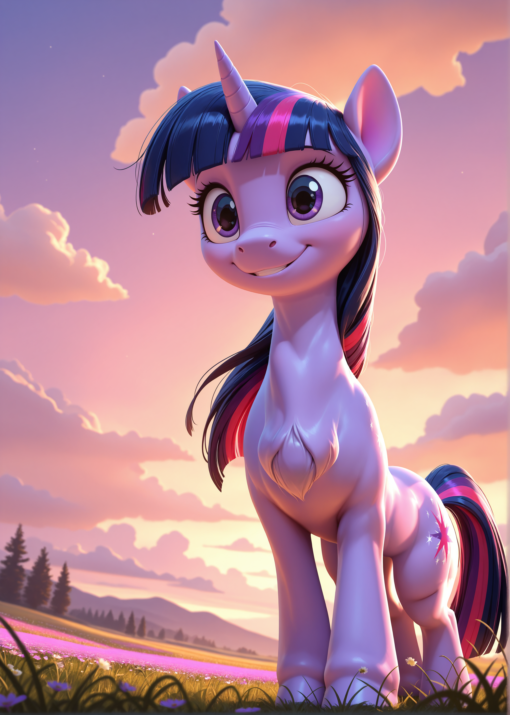 masterpiece, best quality, amazing quality, very aesthetic, absurdres, highres, highly detailed, DisneyStudioXL, cartoon, cinematic, Twilight Sparkle, horn, pony, smile, meadow, clouds, outdoors, dutch angle