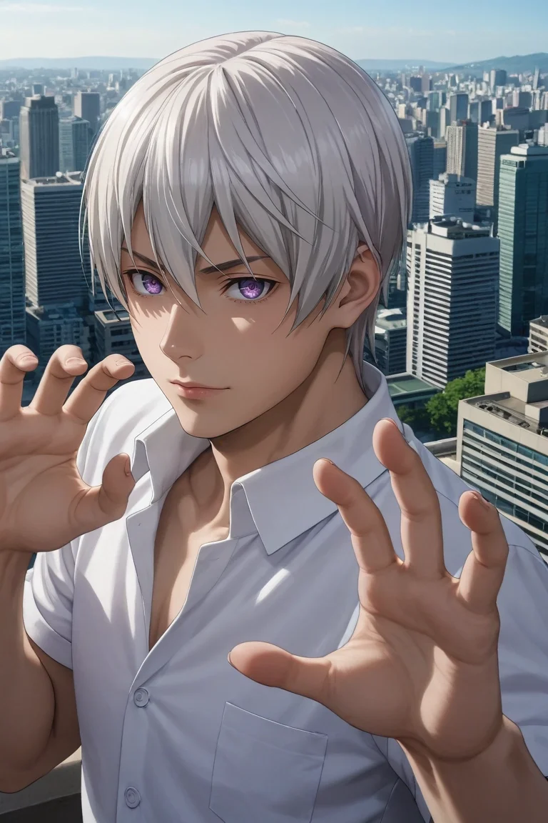 score_9, score_8_up, score_7_up, source_anime, rating_safe, , (photorealistic:0.6), looking at viewer, , 1boy, solo, male focus, <lora:eishi_tsukasa_pony:0.84>, eishi_tsukasa, white hair, purple eyes, short hair, hair between eyes, cowboy shot, rooftop, tokyo \(city\), building, skyscraper, dusk, claw pose, sparkling eyes, , <lora:sdxl_lightning_8step_lora:1>