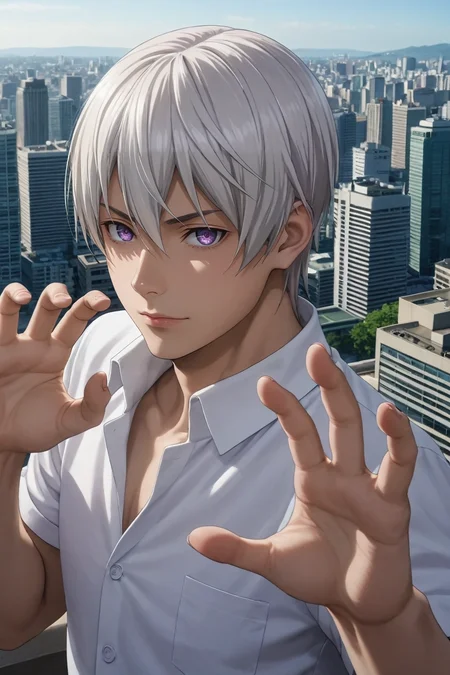 score_9, score_8_up, score_7_up, source_anime, rating_safe, , (photorealistic:0.6), looking at viewer, , 1boy, solo, male focus, <lora:eishi_tsukasa_pony:0.84>, eishi_tsukasa, white hair, purple eyes, short hair, hair between eyes, cowboy shot, rooftop, tokyo \(city\), building, skyscraper, dusk, claw pose, sparkling eyes, , <lora:sdxl_lightning_8step_lora:1>