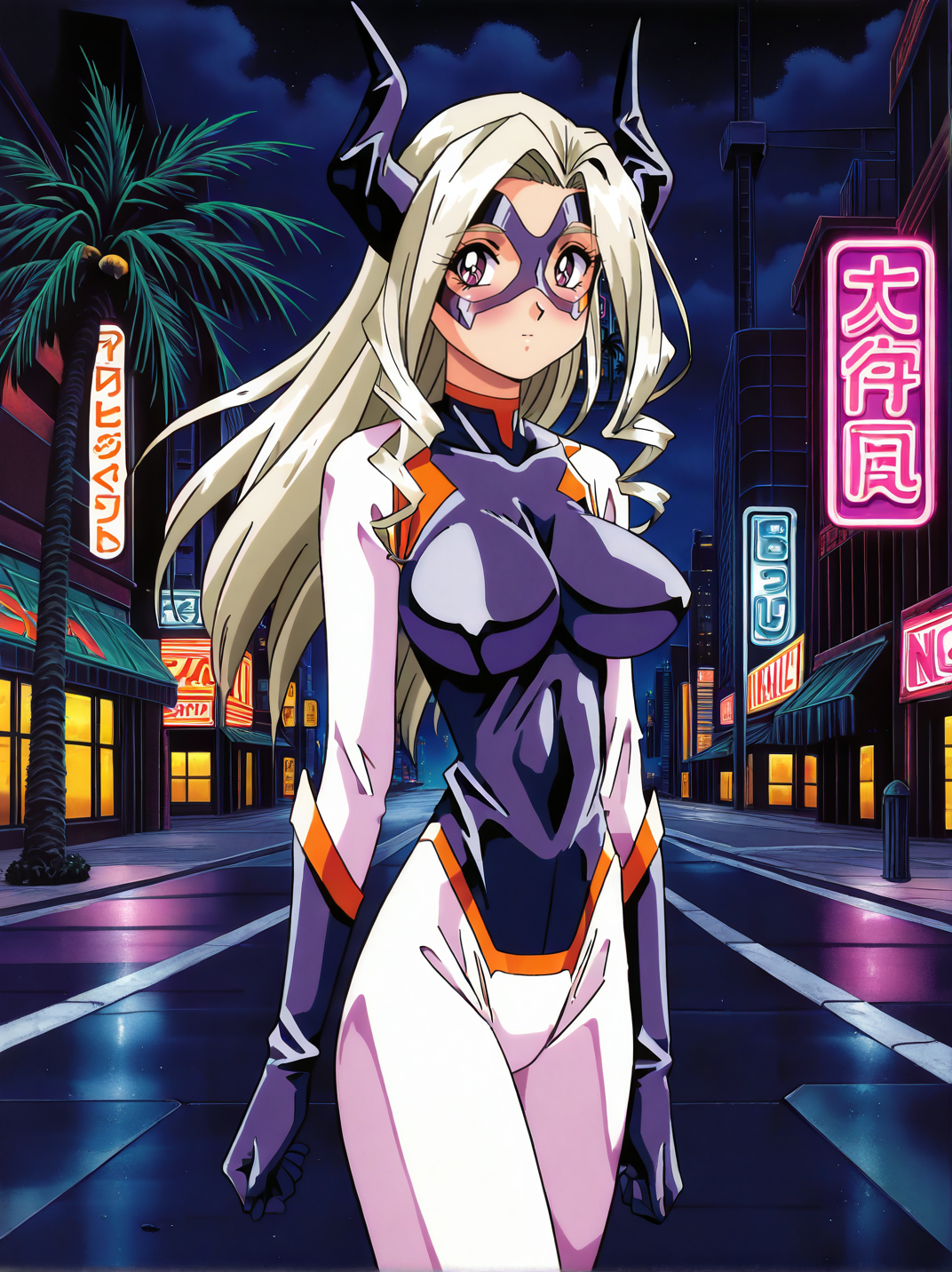 general,highres, ultra-detailed,very aesthetic,best quality ,best hands ,
<lora:Yamashita_Toshinari_style_Illustrious_FW:1.1> ,ytfw,walking,  cowboy shot,  1990s \(style\), retro artstyle,
1girl,mount lady,  impossible clothes, superhero costume , blush, palm tree, city, science fiction,street, neon lights, night, looking at viewer,