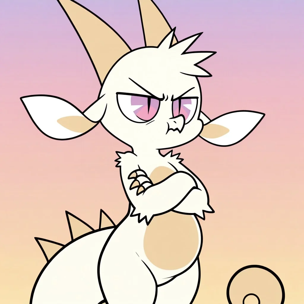 masterpiece, best quality, amazing quality, official style, fw3nchfwy, furry, anthro, solo, dragon, white fur, two-tone fur, horns, short hair, purple eyes, slit pupils, floppy ears, claws, spikes on back, tail, standing, crossed arms, pout, gradient background
