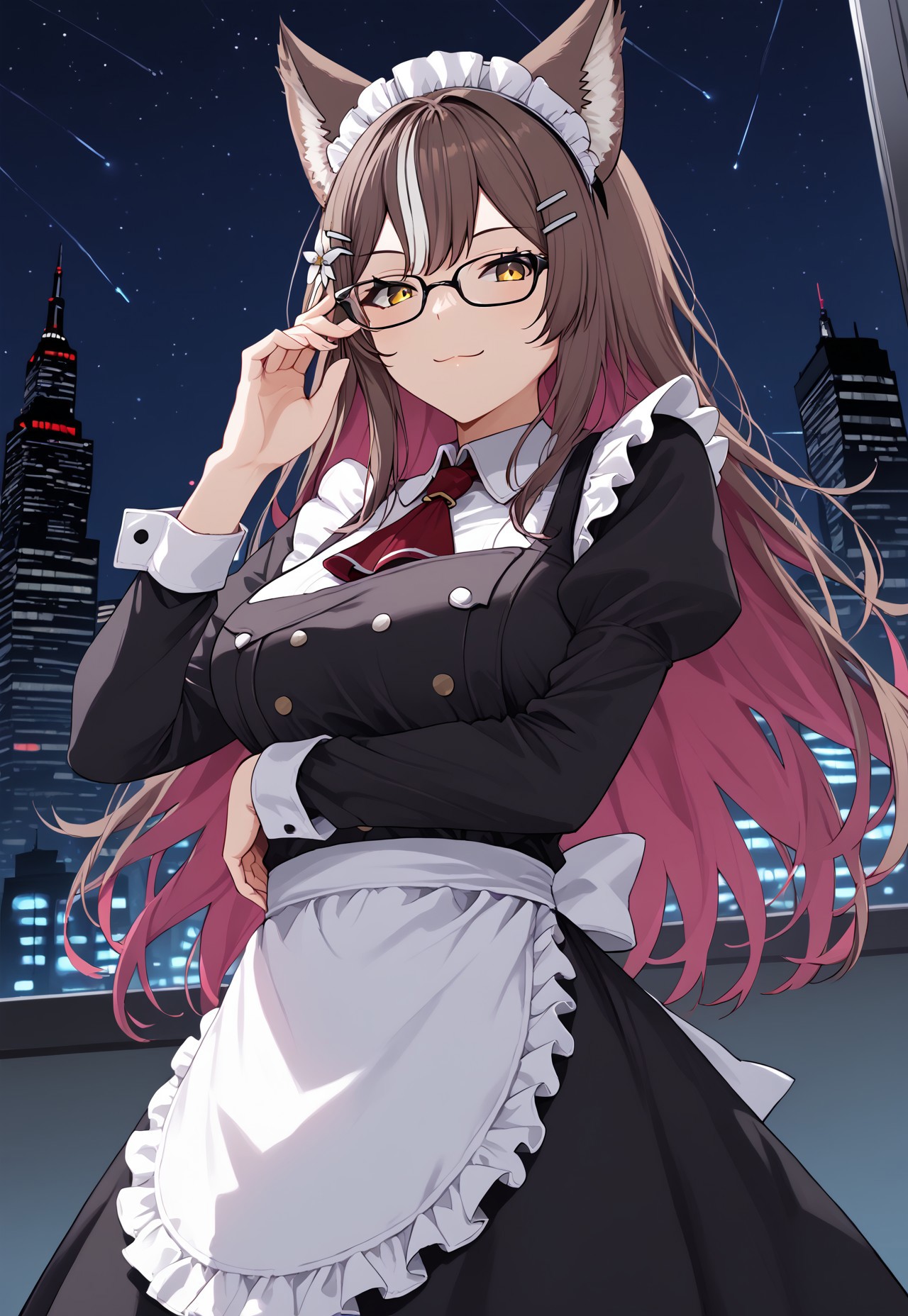 safe_pos, 1girl, solo, highres, chisaka1st, hairclip, hair flower, brown hair, streaked hair, white hair, animal ears, animal ear fluff, yellow eyes,

glasses, black-framed eyewear, 

maid, maid headdress, maid apron, black dress, black hairband, black ribbon, frilled dress, frilled apron, frills, red ascot, 

looking at viewer, from below, light smile, closed mouth, adjusting eyewear, arm under breasts, 

dark, night, night sky, cityscape, neon lights, backlighting,