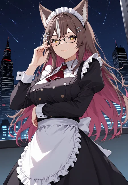 safe_pos, 1girl, solo, highres, chisaka1st, hairclip, hair flower, brown hair, streaked hair, white hair, animal ears, animal ear fluff, yellow eyes,

glasses, black-framed eyewear, 

maid, maid headdress, maid apron, black dress, black hairband, black ribbon, frilled dress, frilled apron, frills, red ascot, 

looking at viewer, from below, light smile, closed mouth, adjusting eyewear, arm under breasts, 

dark, night, night sky, cityscape, neon lights, backlighting,