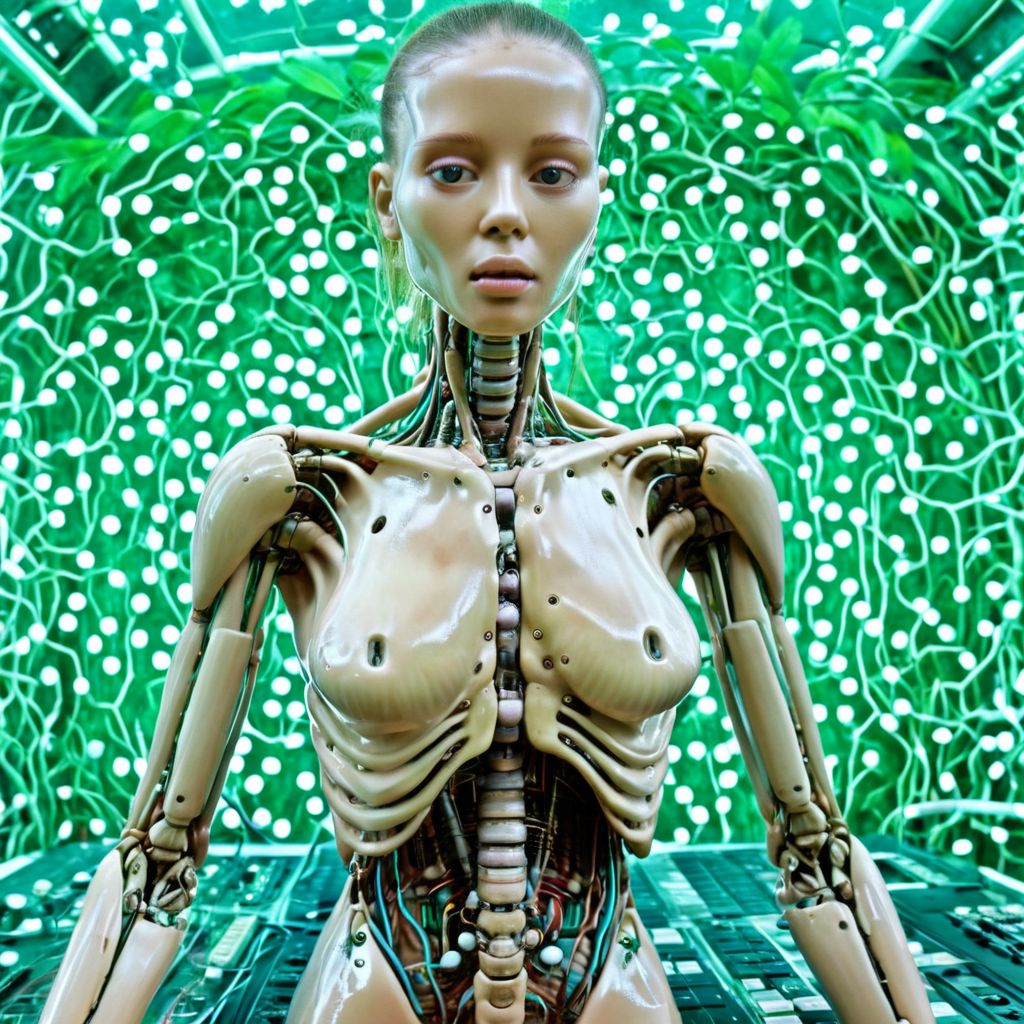 a cinematic still color photograph, from the dream of an android-human-replica, who working tirelessly ,creates a machine that makes copies of human dreams, bio-computer configured with biologically plausible biogenic circuits, brazilian tropicalia retrofuturism,
cursed image