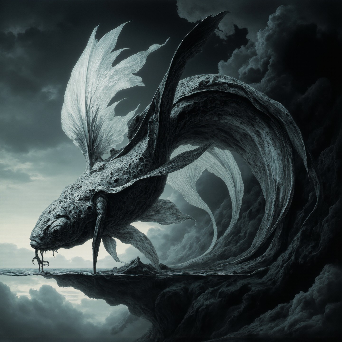 <lora:ck-painterly-fantasy:0.75> <lora:Hand v2:1> <lora:Former_Splendor:0.5> <lora:cs-srfx-v1_epoch_10:0.5> white-toned Naive photo of an abyssal futuristic clothed winged goldfish in a transparent bidet among the clouds in a dark mysterious void, intricate black and black and silver ebru, eldritch, busy, billowing dark glitter, very detailed