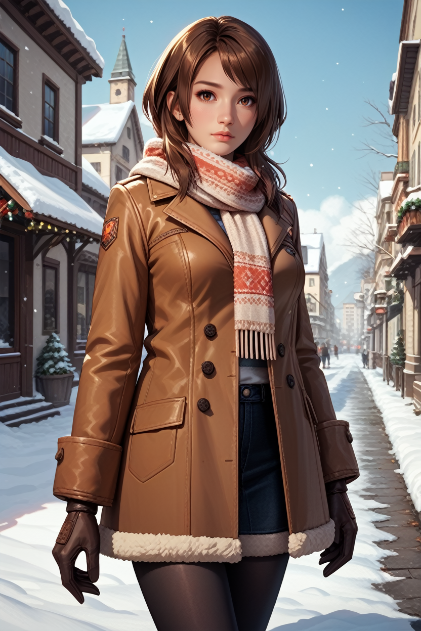 score_9, score_8_up, score_7_up,
<lora:FFyuri:0.8>
FFyuri, solo, 1girl, brown hair, brown eyes, looking at viewer, winter clothes, scarf, gloves, black pantyhose, snow, outdoors, city, standing, cowboy shot