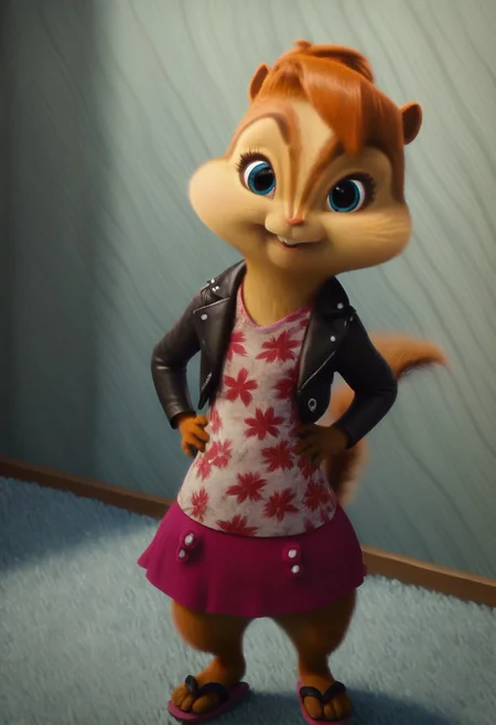 score_9, score_8_up, score_7, score_6, detailed background, indoors , lounge, windows, painted walls, brittany miller, chipmunk, furry, short ears, white floral shirt, black leather jacket, floral mini skirt, sandals, standing, hands on hips, looking at viewer, front view, cute smile, 6 inches tall