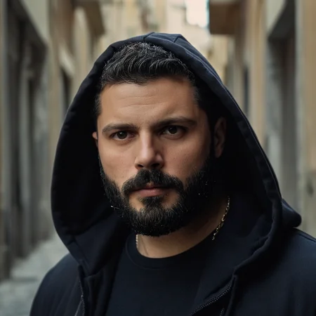 cinematic film still of <lora:detailed:0.2> 
<lora:perfection style:0.2>
<lora:Ron Fricke style:0.2>
 <lora:Gomorra - La serie style:1>
Set in Naples in the 2010s a man with a beard and a hoodie,solo,looking at viewer,shirt,1boy,jacket,upper body,male focus,mole,blurry,black jacket,blurry background,facial hair,beard,realistic , cinematic, kodak, Gomorra - La serie, shallow depth of field, vignette, highly detailed, high budget, bokeh, cinemascope, moody, epic, gorgeous, film grain, grainy