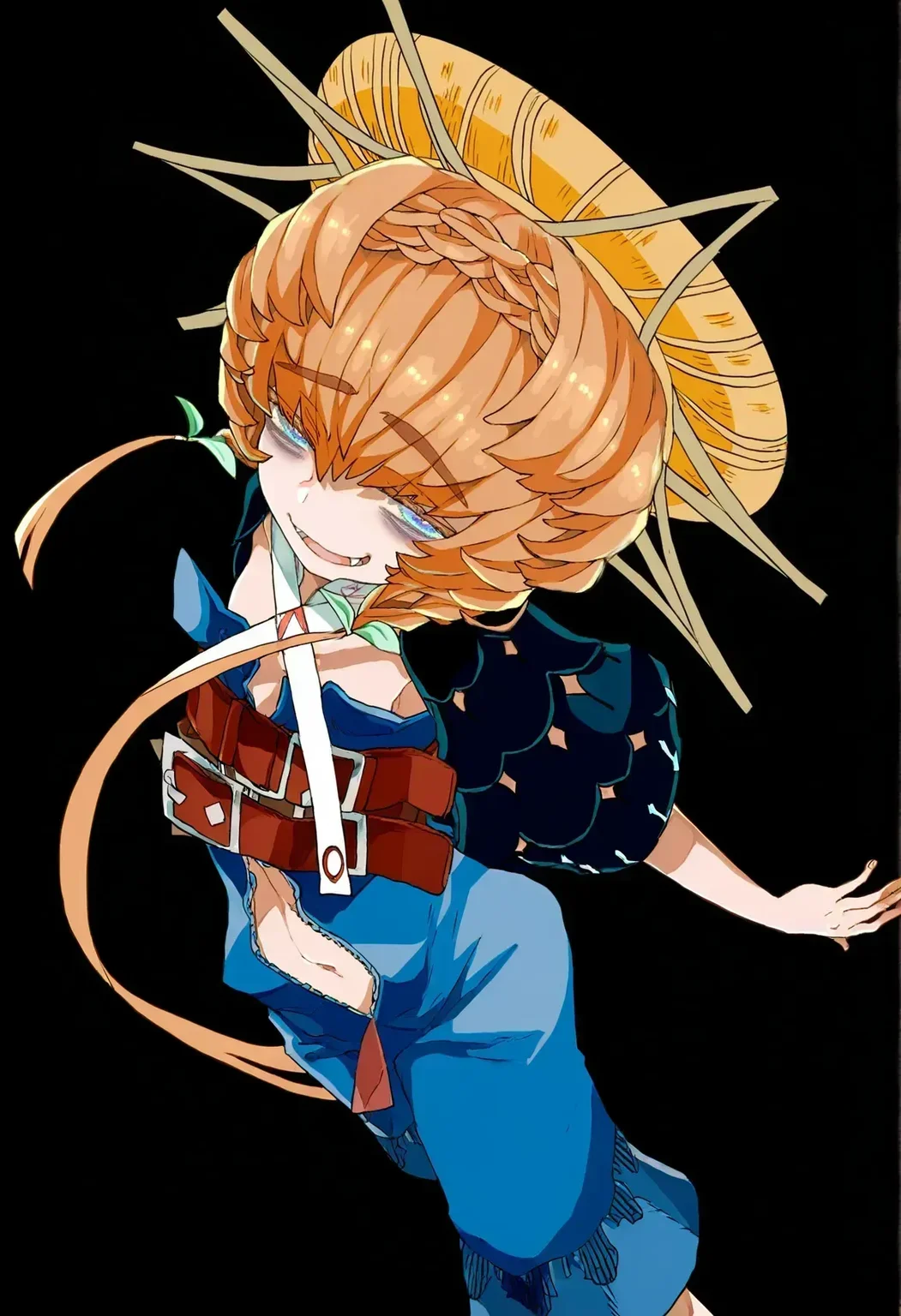 <lora:lo.c-000018:1>,1girl,van gogh \(fate\),fate \(series\),from above, smirk, half-closed eyes, looking up, looking at viewer, perspective, fangs, leaning in, straw hat,navel,turning around,overalls, dynamic pose, feet out of frame,bags under eyes,black background, masterpiece, wide shot,