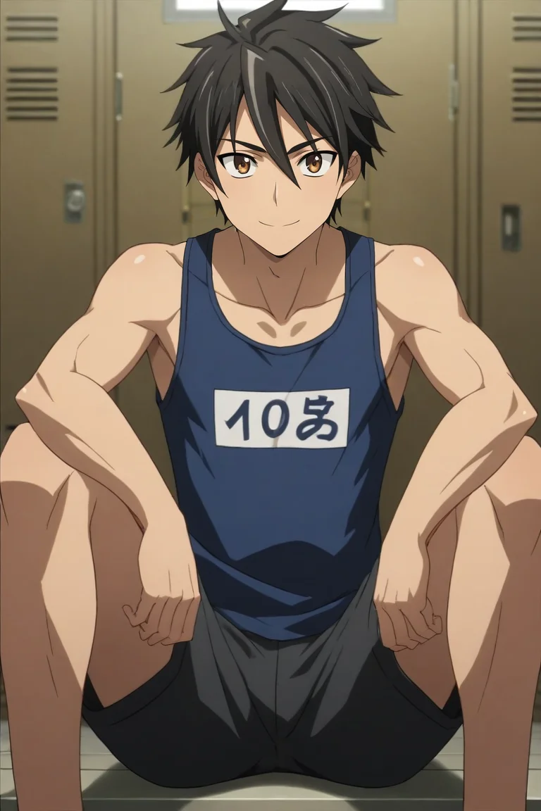 score_9, score_8_up, score_7_up, source_anime, rating_safe, , semi-realistic, looking at viewer, depth of field, 1boy, solo, male focus, <lora:takashi_komuro_pony:0.76>, takashi_komuro, black hair, brown eyes, short hair, hair between eyes, symmetry, locker room, noon, spread legs, smile, , <lora:sdxl_lightning_8step_lora:1>
