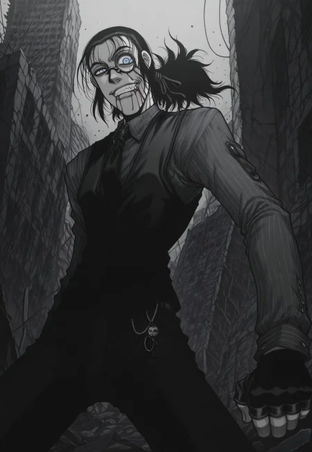 masterpiece, best quality, amazing quality, masterpiece, best quality, amazing quality, 1Boy, DarkWalter, blue eyes, black hair, back slicked ponytail, red hair ribbon, monocle, monocle over left eye, black tie, black vest, black pinstripe shirt, black pants, black fingerless gloves, keychain, standing. cowboy shot, dynamic pose, perspective, looking at viewer, angry, clenching teeth, ruins, blood on face, blood on mouth, evil smile,evil grin,crazy eyes, greyscale, monochrome,