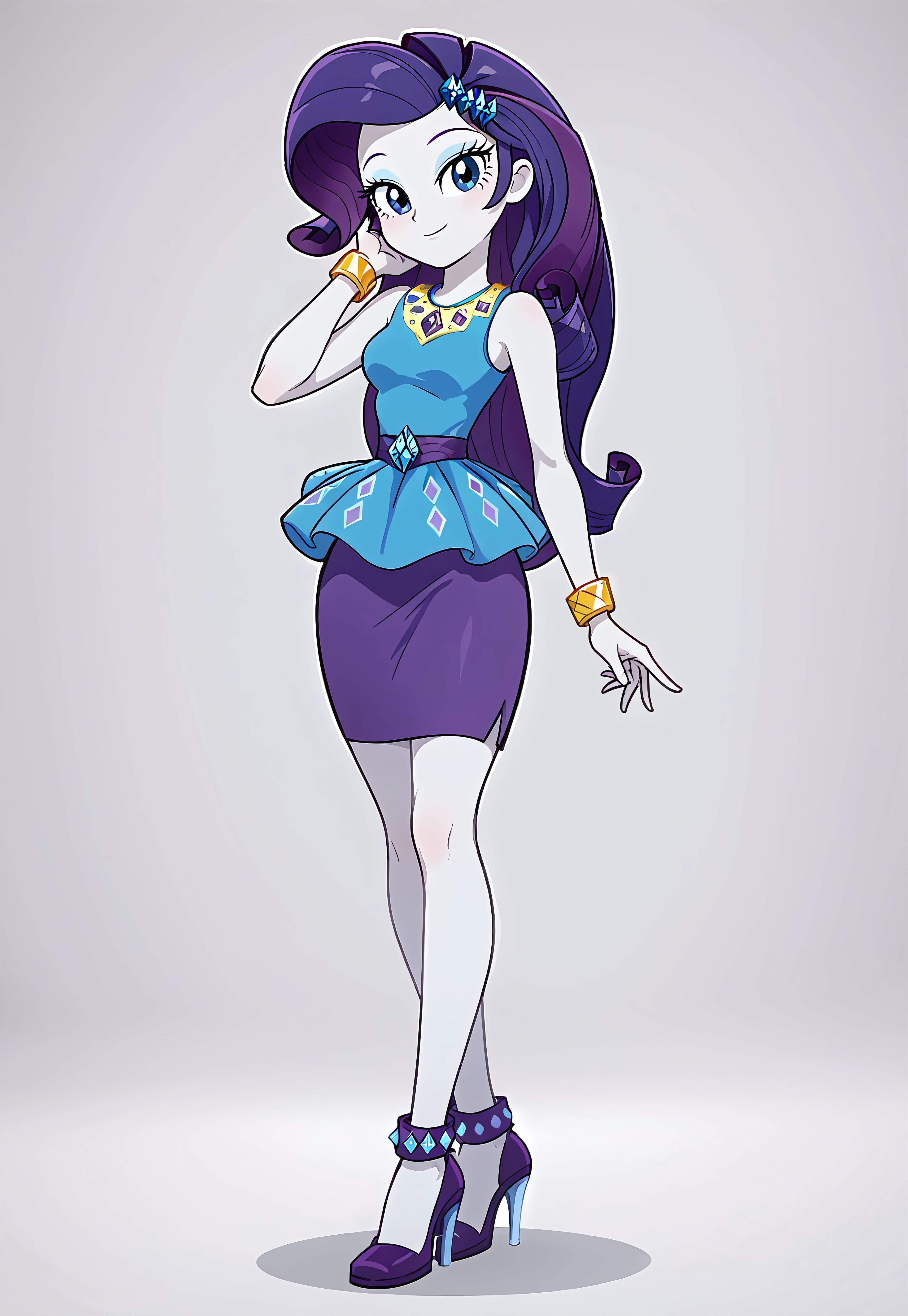safe_pos, Score_9, Score_8_up, Score_7_up, Volumetric lighting, Intricate, rarity, equestria girls, bracelet, clothing, dress, woman, shielding geode, high heels, jewelry, legs, rarity peplum dress, shoes, skirt, solo, Stop, standing, source_cartoon, source_cartoon, Score_9, Score_8_up, Score_7_up, Volumetric lighting, Stop standing, Posing, sexy and sensual pose, seductive and flirtatious look, equestria girls, Seductive and sexy body, sensual, beautiful, attractive, beauty, slim and sexy body, sexy and sensual legs, sexy model body, Sexy purple thigh-high miniskirt, Full body, One hand on the waist, one hand behind the head, seductive and flirtatious look, Mature body, Legs apart, sexy  