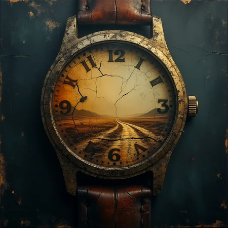 A fractured wristwatch. Fissures. Within the watch we see a dusty road to nowhere.
Atmospheric. Moody.
dmgdCE_style