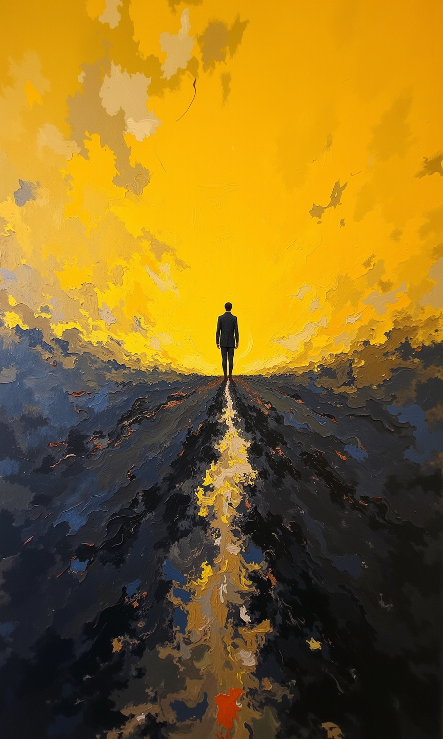 Abstract painting. 
The painting is dominated by a strong contrast between vibrant, slightly muted yellow and deep, almost black-gray tones. 
A figure, depicted as a silhouette, is walking centrally in the composition, horizontally across the expanse from left to right. The figure is clearly defined, suggesting a male form in a simple, almost stylized way, walking through a rich landscape. 
The background is textured with brushstrokes, giving a sense of depth and unevenness. The yellow tones are more concentrated and active in the upper section of the painting, easing into a textured ground of dark shades that seems thick and layered, forming a path that the figure is walking on.
The brushstrokes are varied in size and density, creating an uneven surface that draws the viewer's eye across the piece. The transitions between the yellow and dark areas are somewhat abrupt, but the overall effect is of a single, cohesive image.
<lora:FLUX-daubrez-DB4RZ-v2:1> DB4RZ, DB4RZ style painting