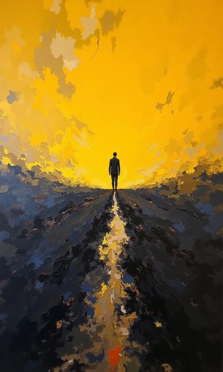 Abstract painting.
The painting is dominated by a strong contrast between vibrant, slightly muted yellow and deep, almost black-gray tones.
A figure, depicted as a silhouette, is walking centrally in the composition, horizontally across the expanse from left to right. The figure is clearly defined, suggesting a male form in a simple, almost stylized way, walking through a rich landscape.
The background is textured with brushstrokes, giving a sense of depth and unevenness. The yellow tones are more concentrated and active in the upper section of the painting, easing into a textured ground of dark shades that seems thick and layered, forming a path that the figure is walking on.
The brushstrokes are varied in size and density, creating an uneven surface that draws the viewer's eye across the piece. The transitions between the yellow and dark areas are somewhat abrupt, but the overall effect is of a single, cohesive image.
<lora:FLUX-daubrez-DB4RZ-v2:1> DB4RZ, DB4RZ style painting