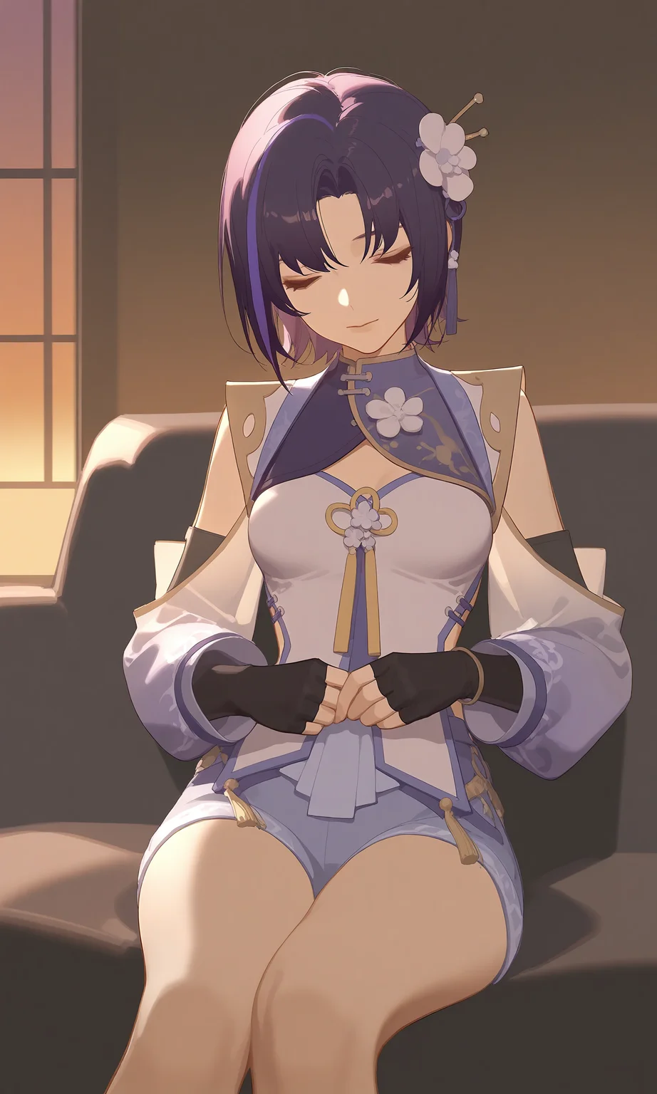 1girl,dark purple hair,streaked_hair,jiale\(asoul\),jialeguofeng,
artist:rei \(sanbonzakura\),artist:ask \(askzy\),artist:ningen mame,artist:doremi (doremi4704),
mature female,tall female,medium breasts,hair_ornament,hair_flower,fingerless_gloves,
peaceful expression,asleep,sitting on the sofa,lounging posture,window,sunset glow,soft warm light,gentle shadows,cozy atmosphere,
young female,delicate features,relaxed arms,full-body view,sitting and reclining,closed eyes,elegant outfit,soft fabrics,golden hour light,soft ambient lighting,warm orange and purple hues,sunset filtering through the window,serene mood,soft shadows,natural light streaming in,soft gradient colors,aesthetic,cinematic lighting,best quality,amazing quality,very aesthetic,absurdres,masterpiece,newest,<lora:Carol_testtrain10-000019:0.8>,