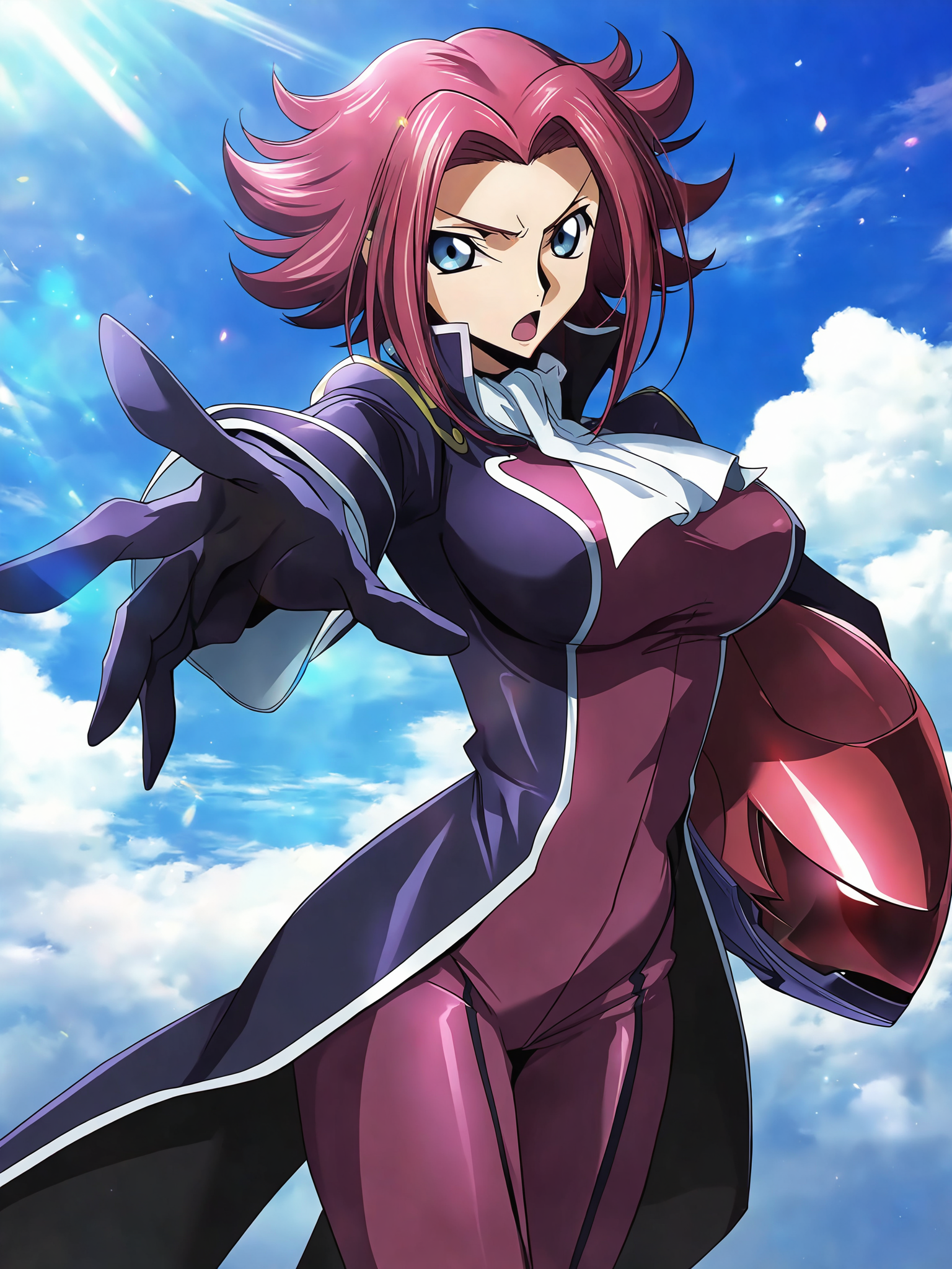 masterpiece, good quality, best quality, newest, absurdres, highres, shadow, very awa, cinematic, epic, official art, bloom, sidelighting, detailed, 
1girl, kouzuki kallen, code geass, zero \(code geass\),  cowboy shot, 
looking at viewer, determined, geass, open mouth, command spell, 
outstretched arm, holding helmet, unworn helmet, unworn headwear,
1girl, blue eyes, red hair, short hair, , greass,
black coat, black gloves, white high collar, ascot, purple jacket, purple pants, 
large breasts, curvy,
day, summer, blue skies, sunlight, 
5 fingers,