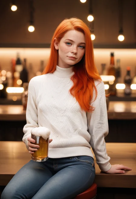 (zPDXL3) photo, ginger woman with red hair, long hair, freckles, in luxurious nightclub, sitting at the bar holding a beer, wearing a sweater and jeans, bokeh