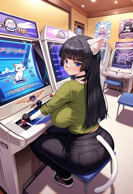 score_9, score_8_up, score_7_up, source_anime, well drawn, immaculate, highly detailed, intricate,
BREAK
1girl, ((cat furry)), ((white cat)), ((cat anthro)), ((white fur)), blue eyes, solo, large breasts, long hair, (((black hair))), hime haircut, hime, blunt bangs, 姫カット, huge boobs, tsundere, massive breasts, bakunyuu, grumpy, wide hips, green shirt, black jeans, black sneakers, cat ears, cat tail, black cat nose, black choker, fingerless gloves, playing an arcade game, arcade cabinet, game_center, scenery, japan, arcade cabinet, scenery, chair, indoors, poster (object),