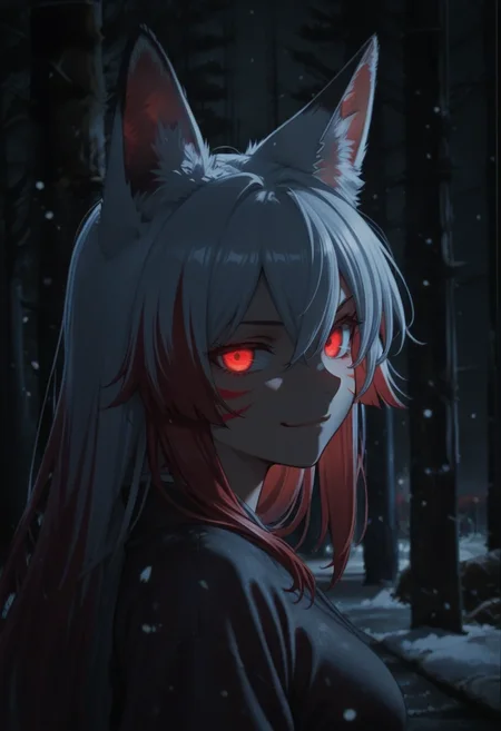 <lora:illustriousXLv01_stable_dark_v0.3:1>1girl,fox ears,red eyes,glowing eyes,white hair,red hair,hair between eyes,closed mouth,multicolored hair,red whisker markings,upper body,looking at viewer,from side,snowing,smirk,night,dark,masterpiece,